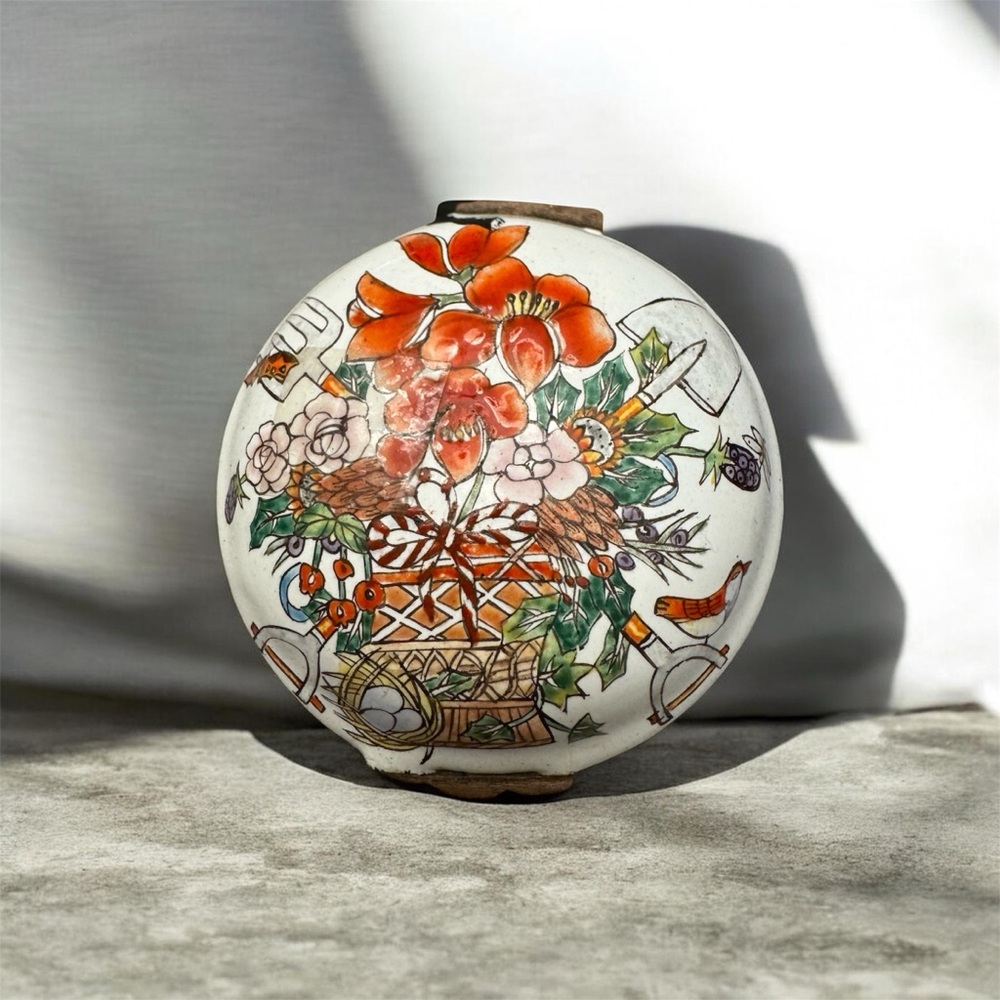 Chinemel B Yee Handpainted Enamel Trinket Box Red Birds  & Gardening Round 3”